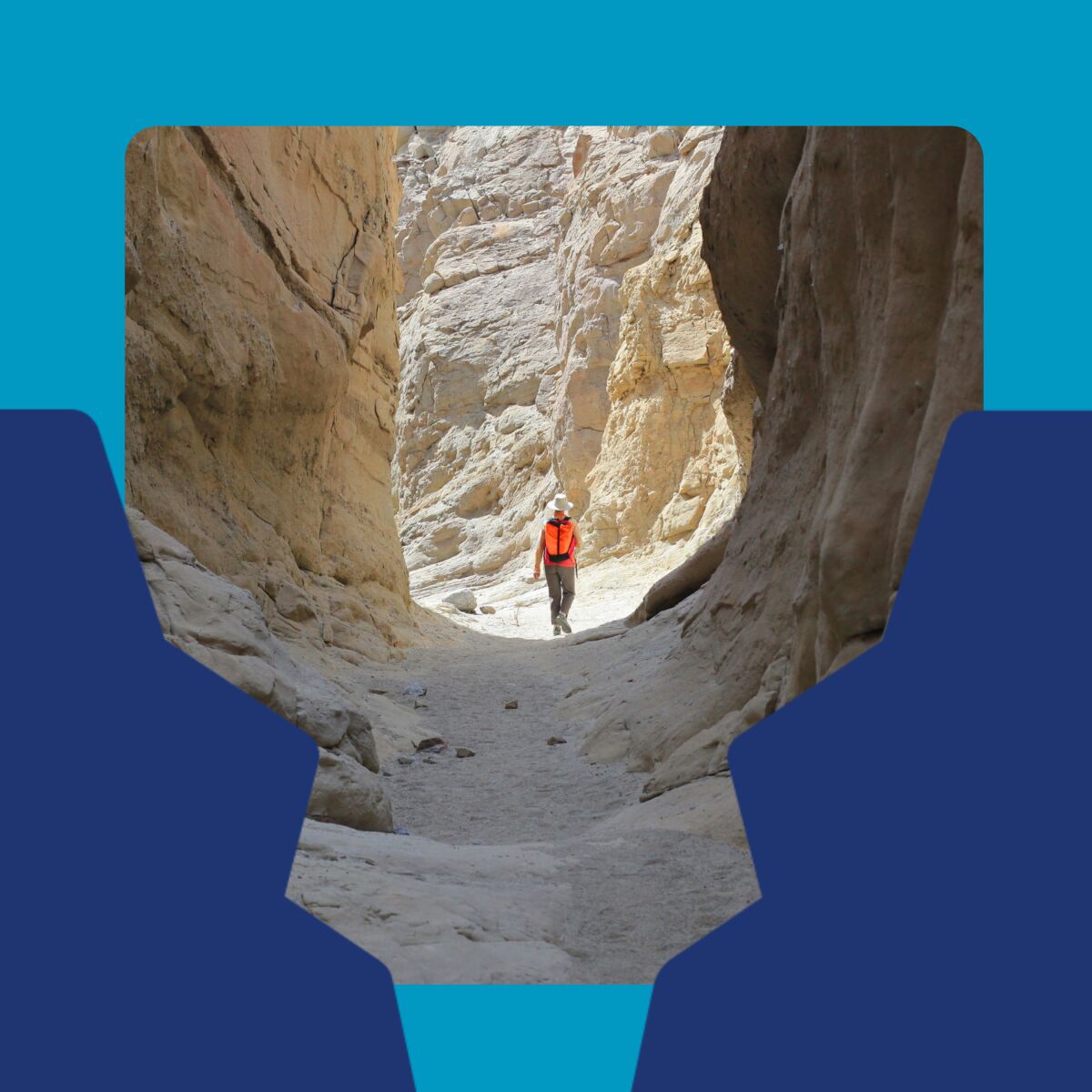 A photo of someone walking through a canyon with an illustrated border