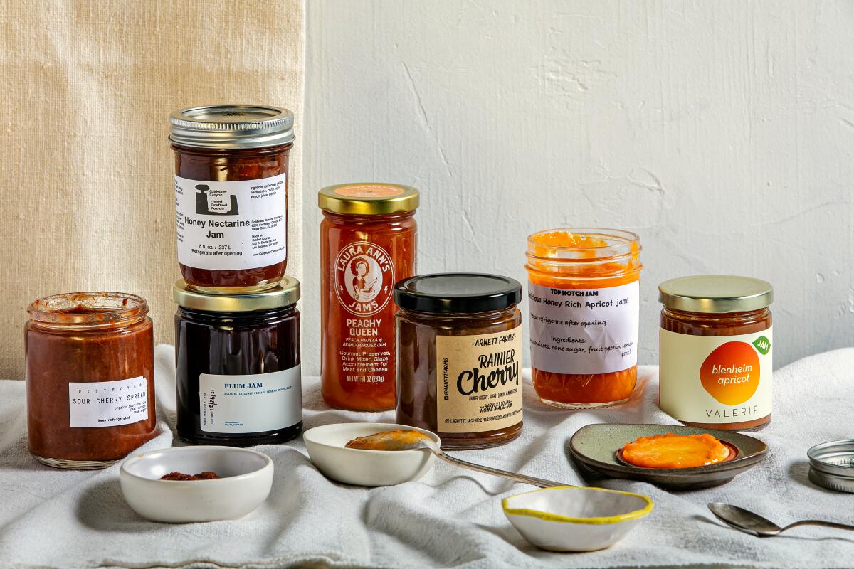 Jars of some of the best stone fruit jams in Los Angeles.