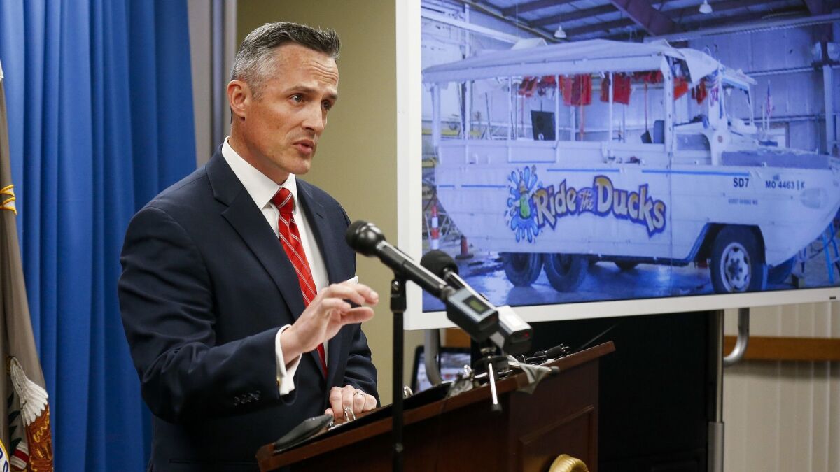 U.S. Atty. Tim Garrison speaks during a Nov. 8 news conference in Springfield, Mo., concerning indictments against Kenneth Scott McKee, the captain of a duck boat that sank, killing 17 people.