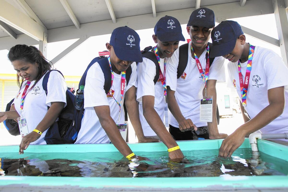 A group of Special Olympians from Fiji explore a touch tank at the Back Bay Science Center with their Assistant Coach Temalesi Sigavere, left, during a tour of the facility on Wednesday.
