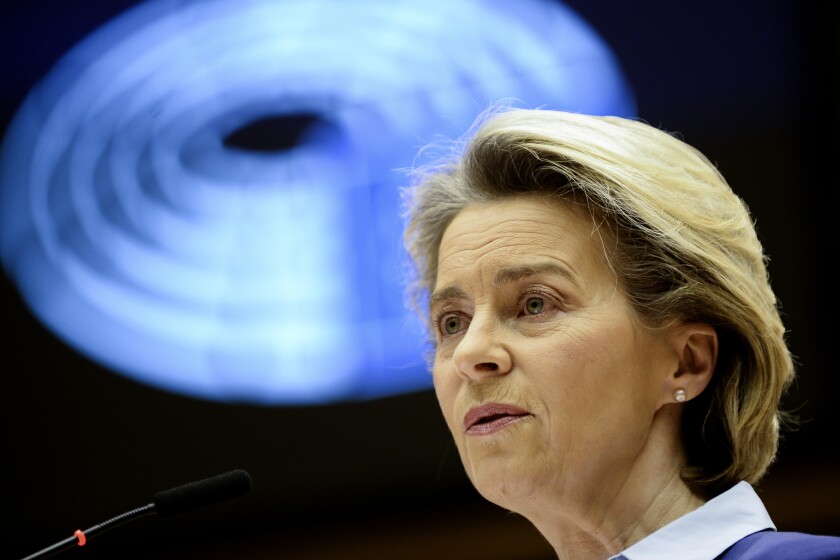 European Commission President Ursula von der Leyen speaks during a debate on the united EU approach to COVID-19 vaccinations at the European Parliament in Brussels, Wednesday, Feb. 10, 2021. (Johanna Geron, Pool via AP)