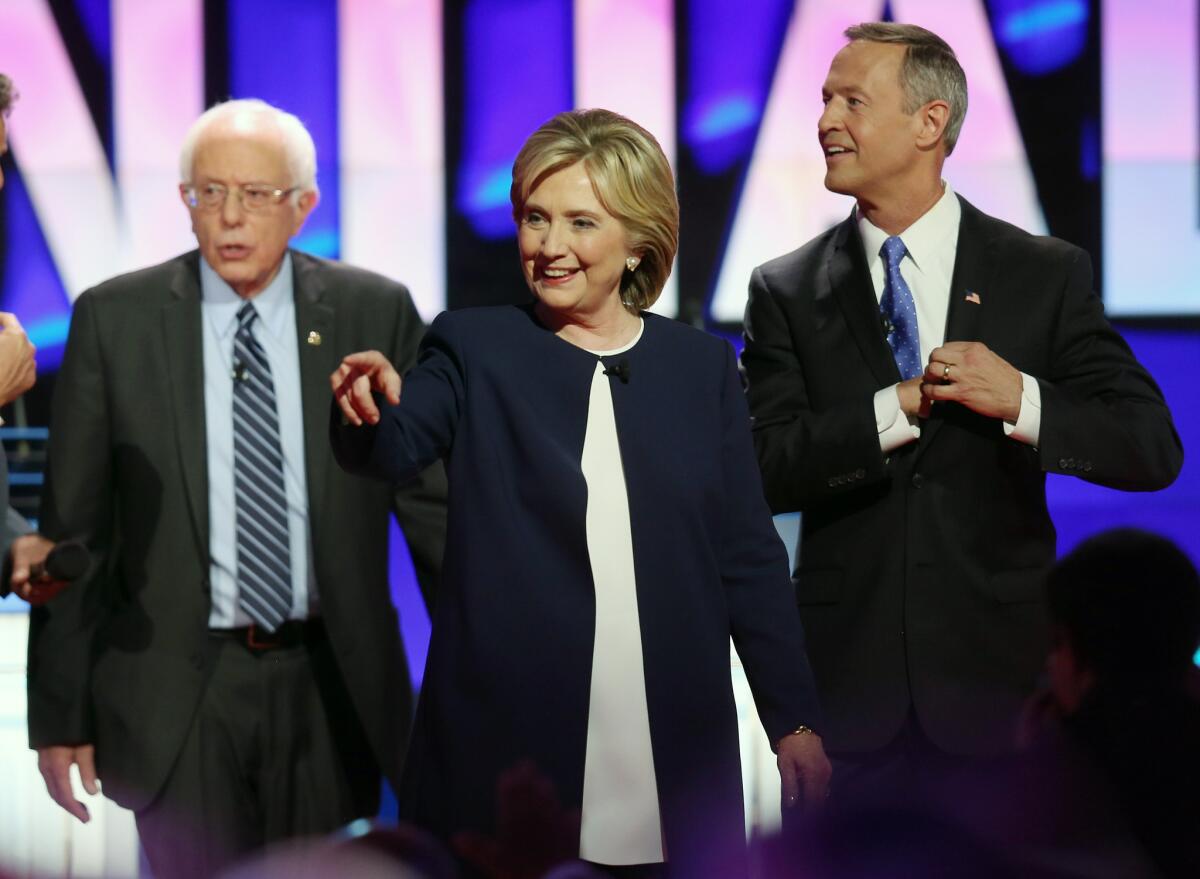 Democratic presidential candidates include Sen. Bernie Sanders of Vermont, left, Hillary Rodham Clinton and Martin O'Malley.