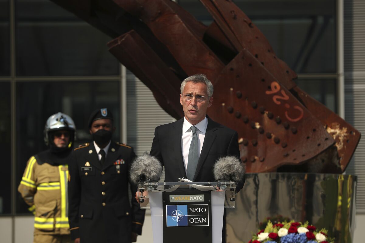 NATO Secretary-General Jens Stoltenberg speaks on the 19th anniversary of the Sept. 11, 2001, attacks in Brussels.