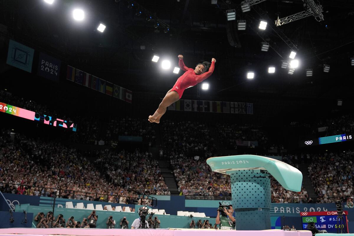 Simone Biles of the U.S. competes during the women's artistic gymnastics individual vault finals at Bercy Arena.