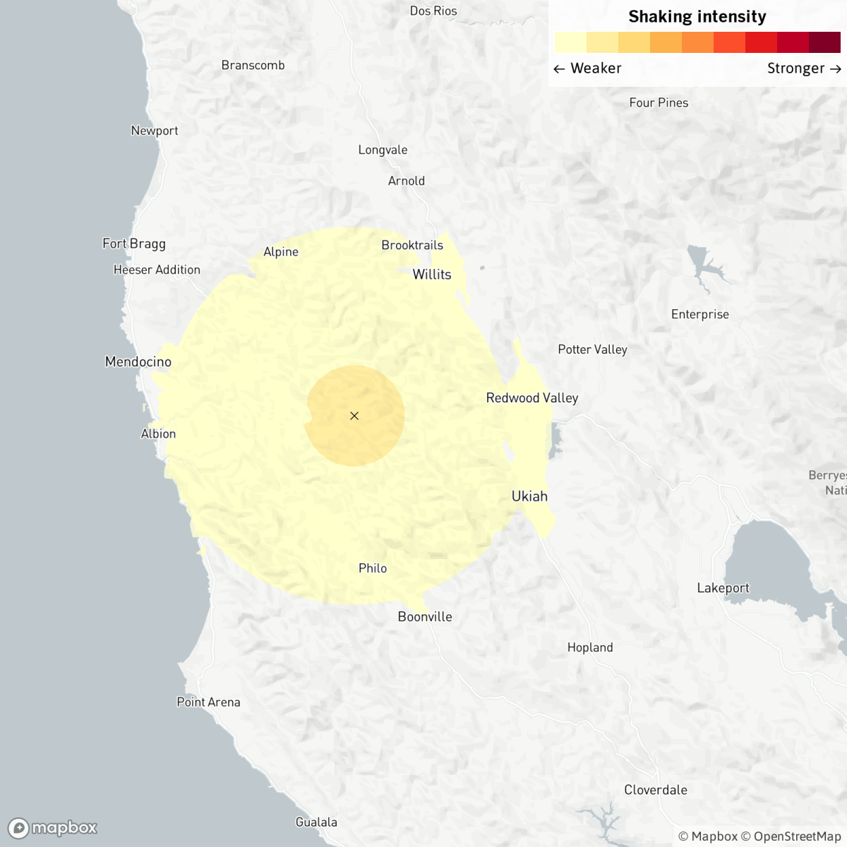 A shake map showing an earthquake epicenter reported Wednesday at 8:41 a.m. 14 miles from Ukiah, Calif.