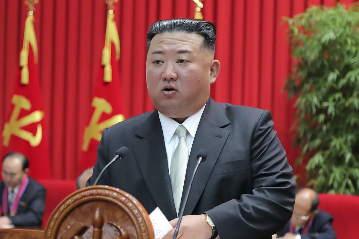 FILE - In this photo provided by the North Korean government, North Korean leader Kim Jong Un gives a lecture at the Central Cadres Training School in North Korea on Oct. 17, 2022. Independent journalists were not given access to cover the event depicted in this image distributed by the North Korean government. The content of this image is as provided and cannot be independently verified. (Korean Central News Agency/Korea News Service via AP, File)