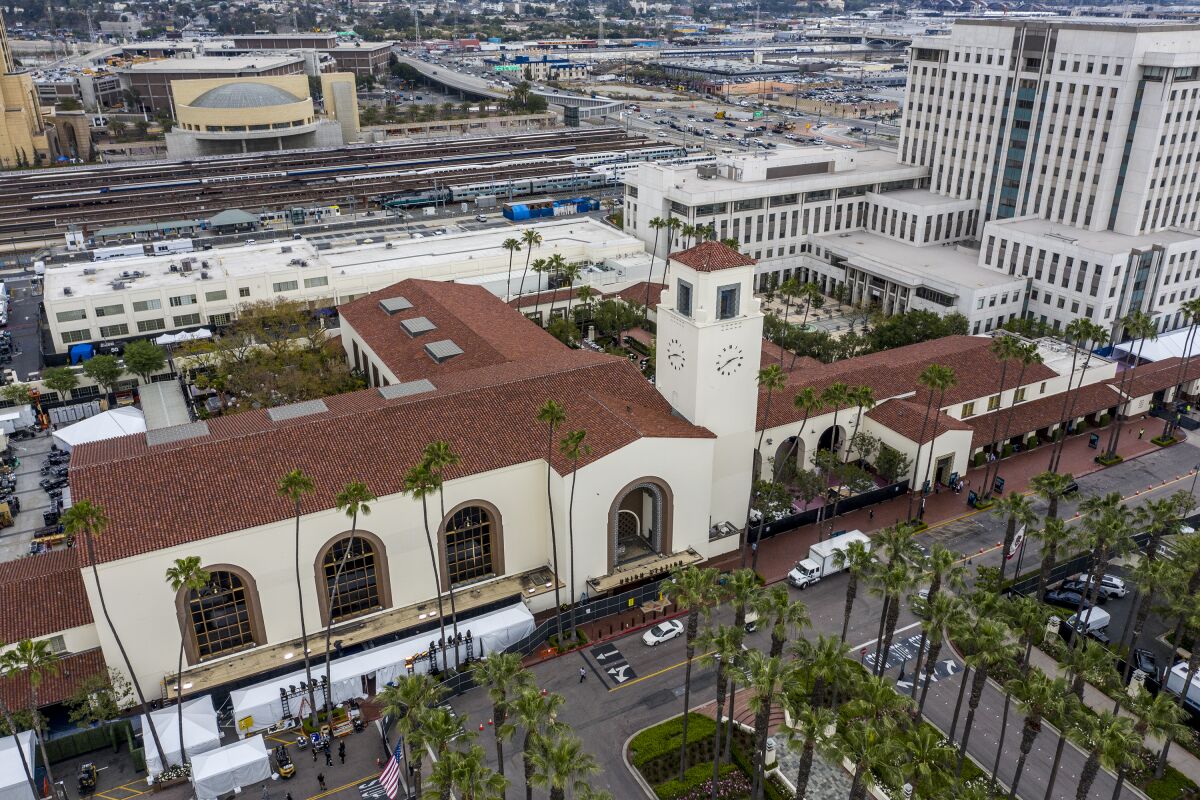 An aerial view of Union Station in downtown L.A.