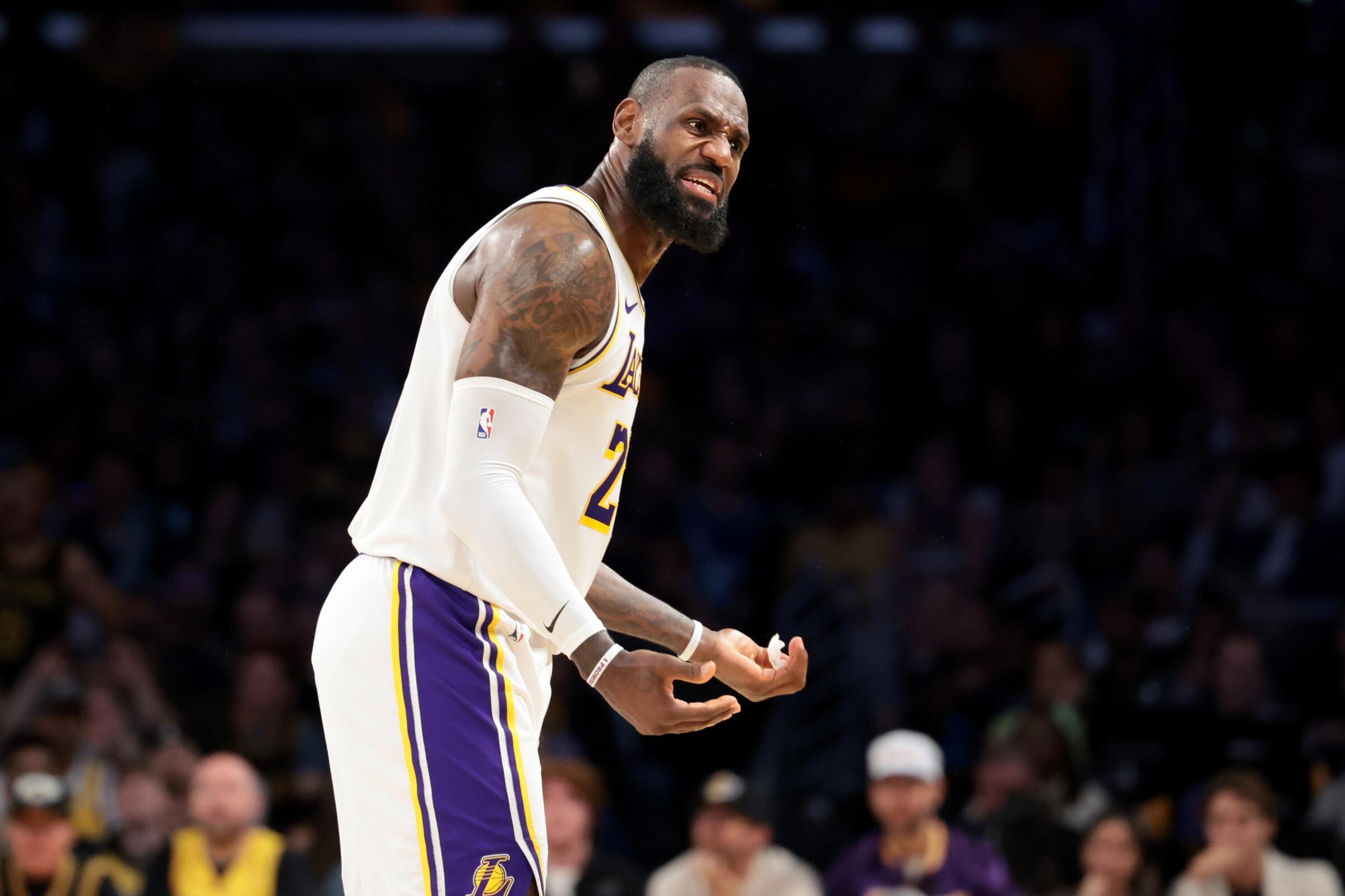 Lakers star LeBron James reacts during Game 4 against the Denver Nuggets at Crypto.com Arena on April 27.