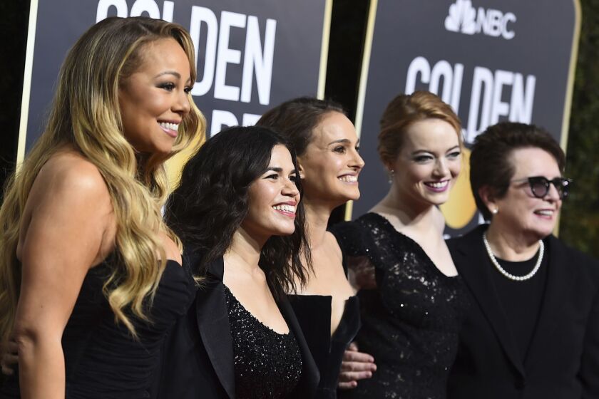 Mariah Carey, from left, America Ferrera, Natalie Portman, Emma Stone and Billie Jean King arrive at the 75th annual Golden Globe Awards at the Beverly Hilton Hotel on Sunday, Jan. 7, 2018, in Beverly Hills, Calif. (Photo by Jordan Strauss/Invision/AP)