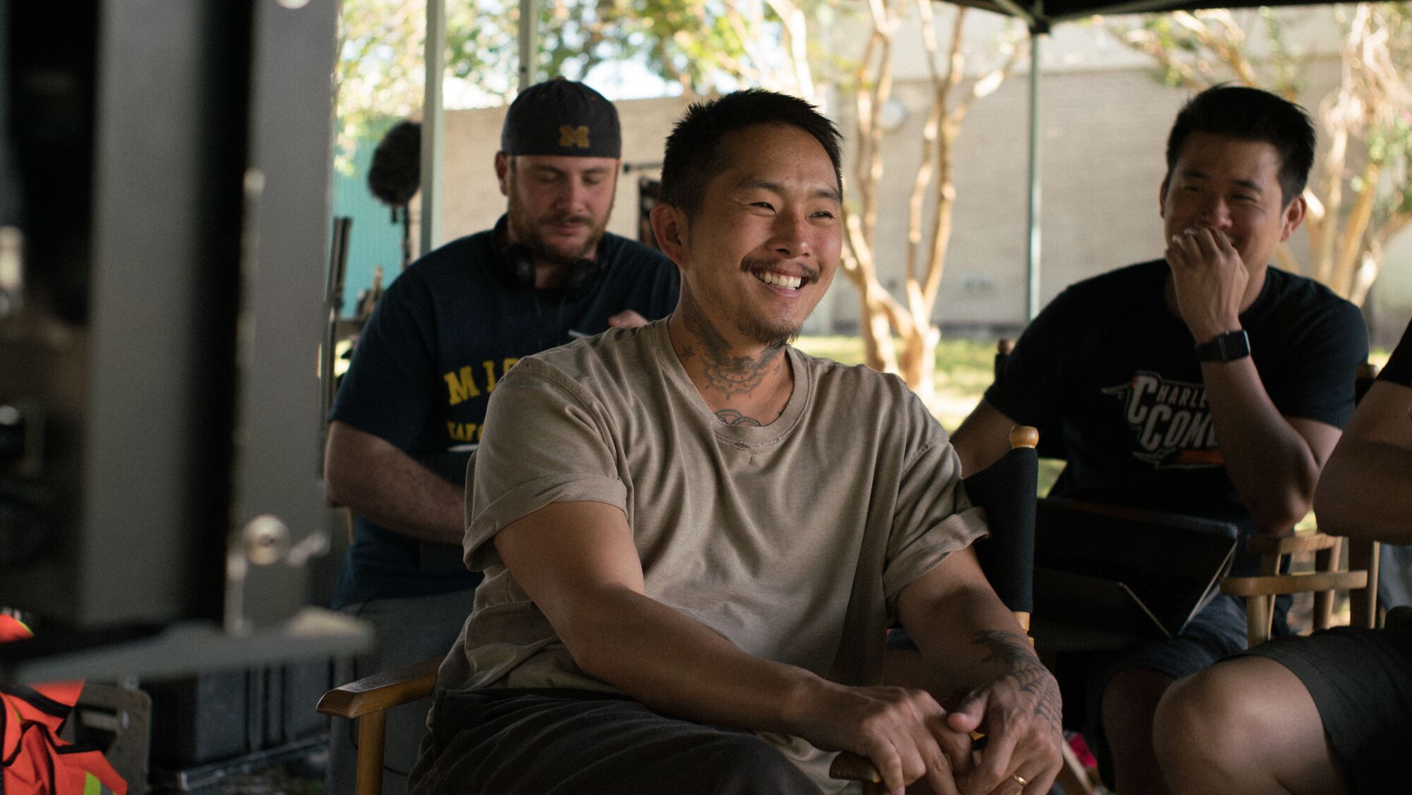 Justin Chon on the set of "Blue Bayou."