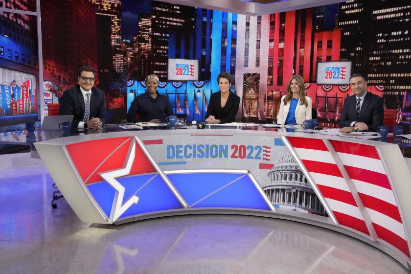 Chris Hayes, Joy Reid, Rachel Maddow, Nicolle Wallace and Ari Melber on MSNBC's election night set Tuesday.