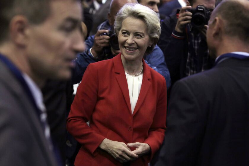 European Commission President Ursula von der Leyen smiles after the official launching ceremony of Commercial Operations of the Gas Interconnector Greece-Bulgaria, in Sofia , Saturday, Oct. 1, 2022. The President of the European Commission hailed on Saturday the official launch of a gas link between Greece and Bulgaria as a key contribution to Europe's energy security amid Russia's energy blackmail. (AP Photo/Valentina Petrova)