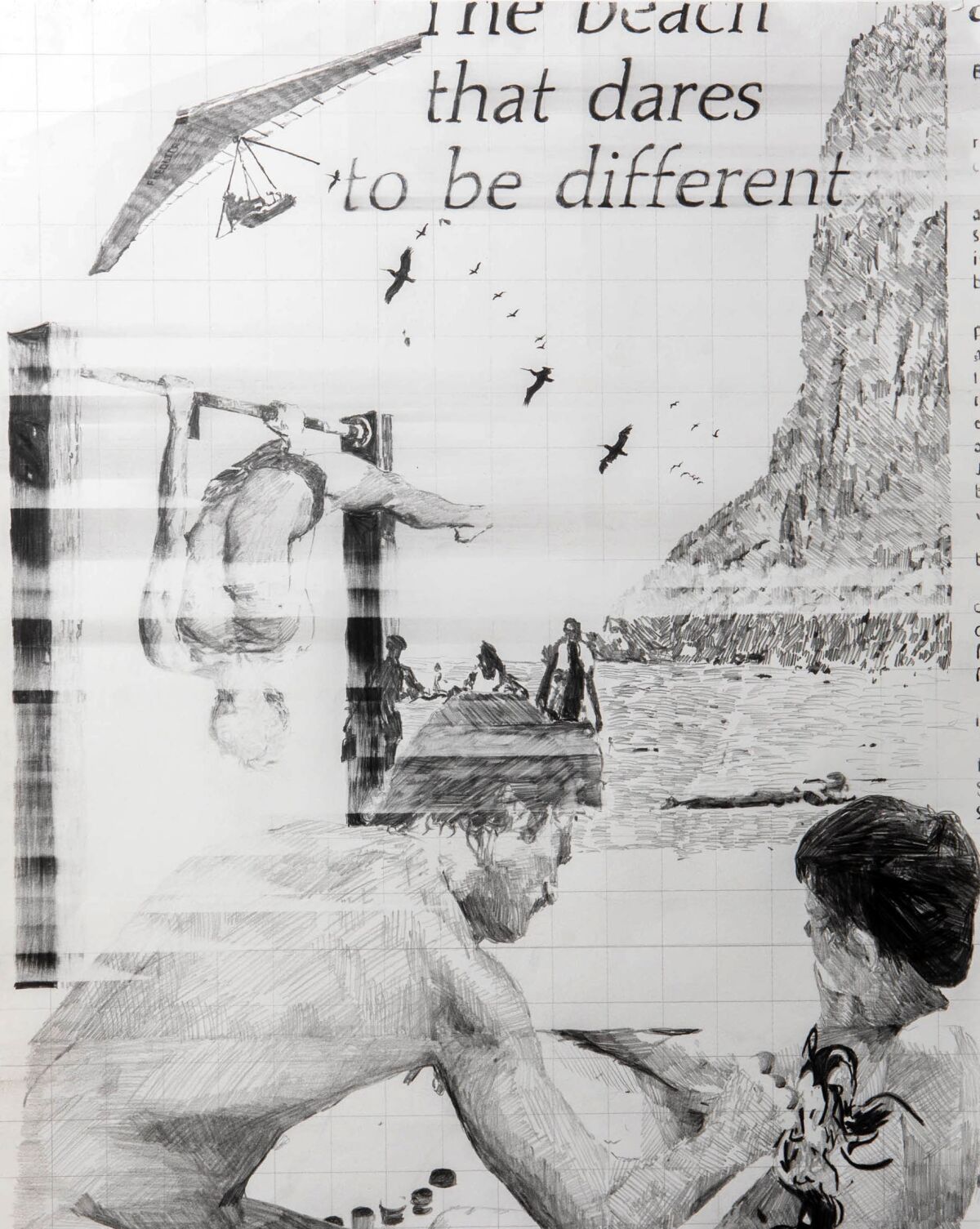 "The Beach That Dares to be Different" is a graphite-on-paper work by Joshua Moreno.