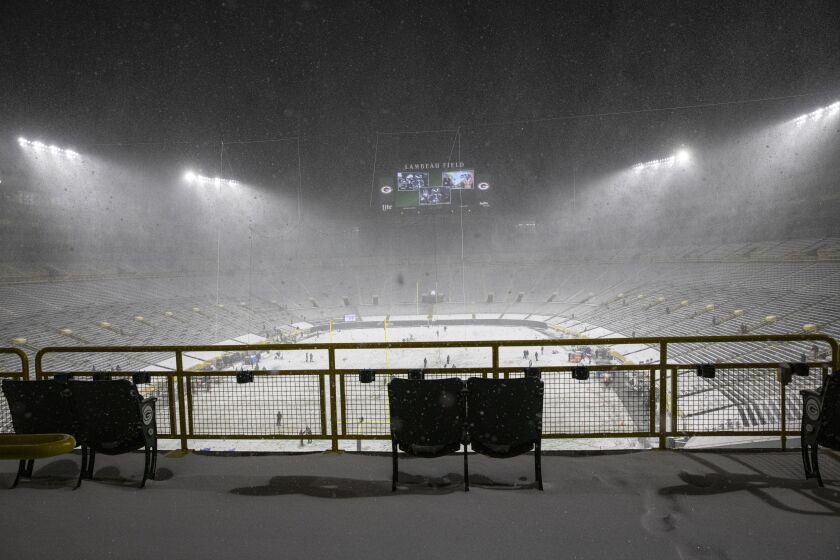 General view of Lambeau field before an NFL football game, Sunday, Dec 27. 2020, between the Tennessee Titans and Green Bay Packers in Green Bay, Wis. (AP Photo/Jeffrey Phelps)