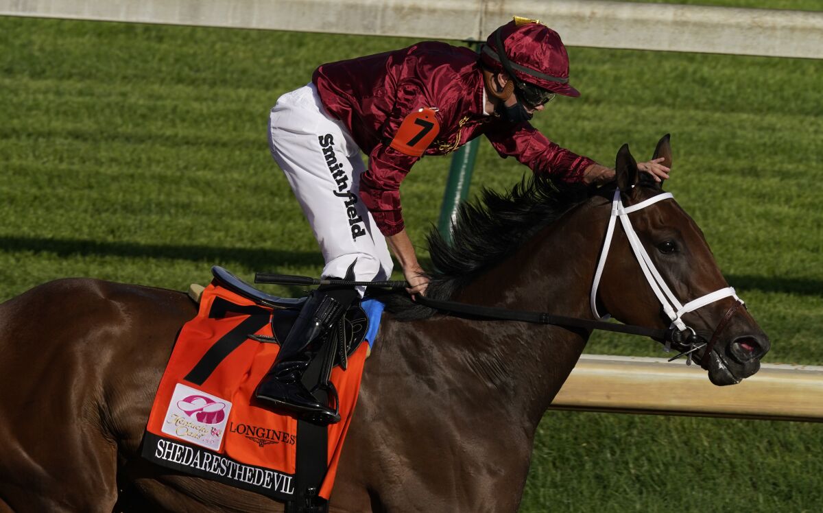Jockey Tyler Gaffalione pats Swiss Skydiver.
