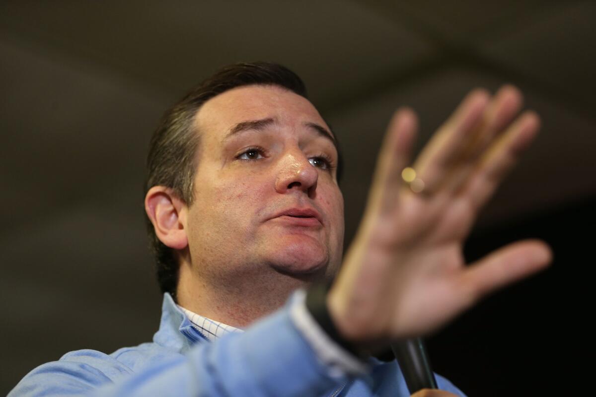Republican presidential candidate Sen. Ted Cruz speaks during a campaign event Friday in Ringsted, Iowa.
