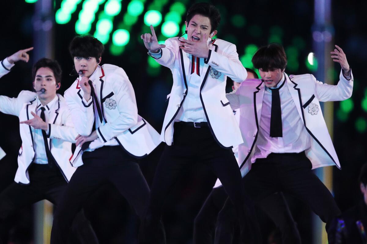 The band EXO performs during the closing ceremony of the PyeongChang 2018 Winter Olympic Games.