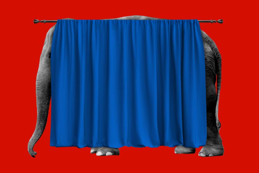 Photo illustration of an elephant with a red background hiding behind a blue curtain