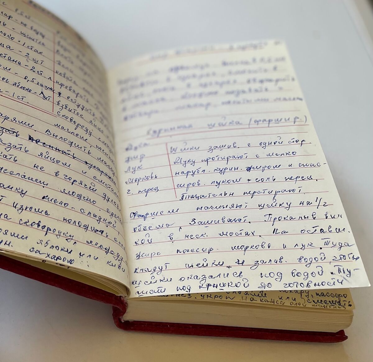 Handwritten recipes in a red-bound notebook 
