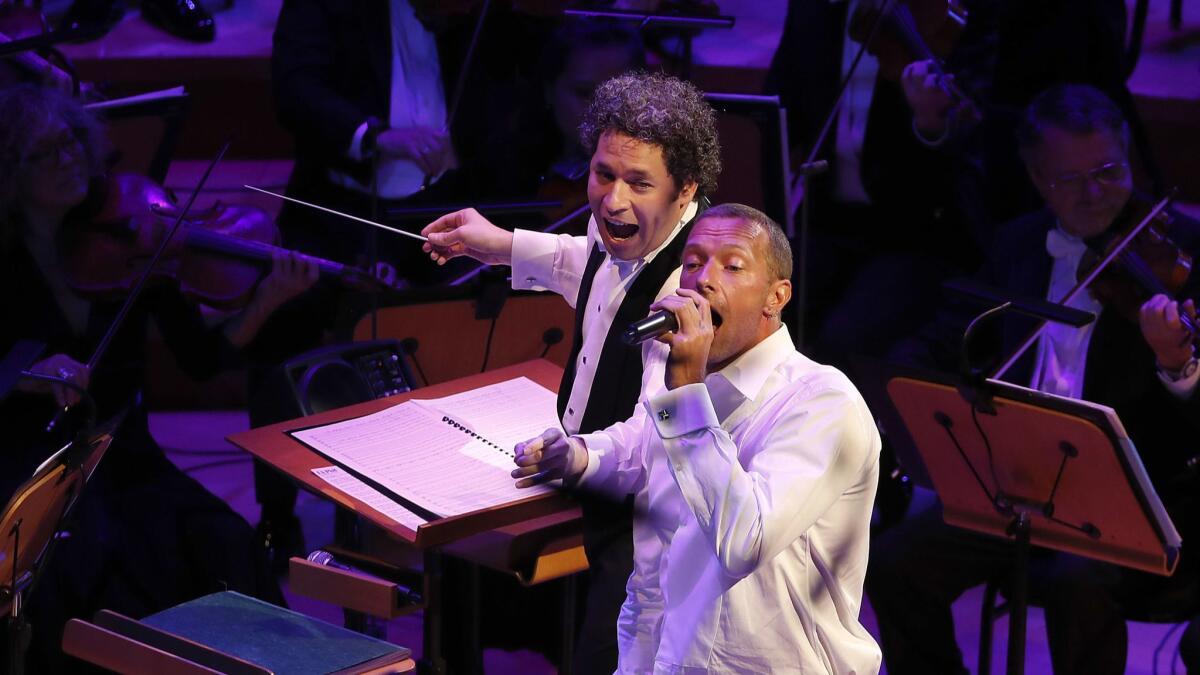 Chris Martin sings the Beach Boys' "Good Vibrations" while Gustavo Dudamel conducts the Los Angeles Philharmonic to conclude the "California Soul" opening night gala concert.