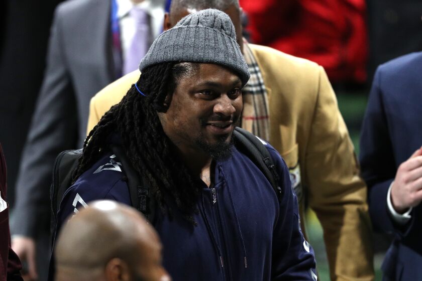 ATLANTA, GEORGIA - FEBRUARY 03: Marshawn Lynch of the Oakland Raiders arrives prior to Super Bowl LIII between the New England Patriots and the Los Angeles Rams at Mercedes-Benz Stadium on February 03, 2019 in Atlanta, Georgia. (Photo by Patrick Smith/Getty Images)