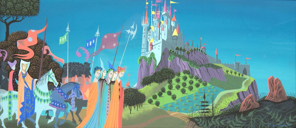 Colorful drawing of a hilltop castle.