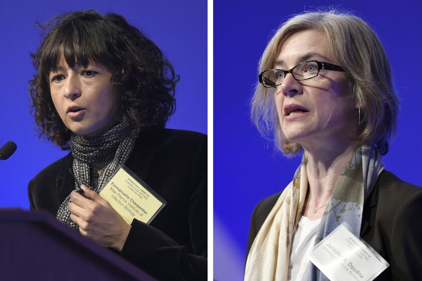 FILE - This Tuesday, Dec. 1, 2015 file combo image shows Emmanuelle Charpentier, left, and Jennifer Doudna, both speaking at the National Academy of Sciences international summit on the safety and ethics of human gene editing, in Washington. The 2020 Nobel Prize for chemistry has been awarded to Emmanuelle Charpentier and Jennifer Doudna “for the development of a method for genome editing.” A panel at the Swedish Academy of Sciences in Stockholm made the announcement Wednesday Oct. 7, 2020. (AP Photo/Susan Walsh, File)