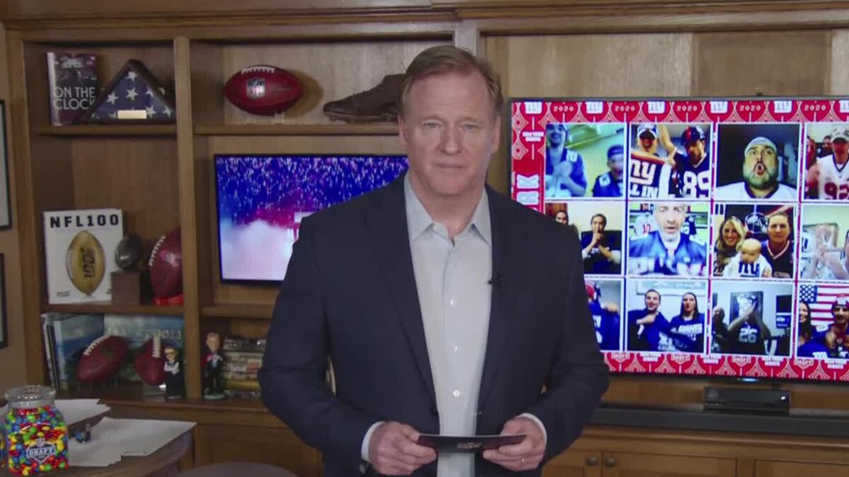 In this still image from video provided by the NFL, Roger Goodell speaks from his home in Bronxville, N.Y., during the NFL draft on April 23, 2020. 