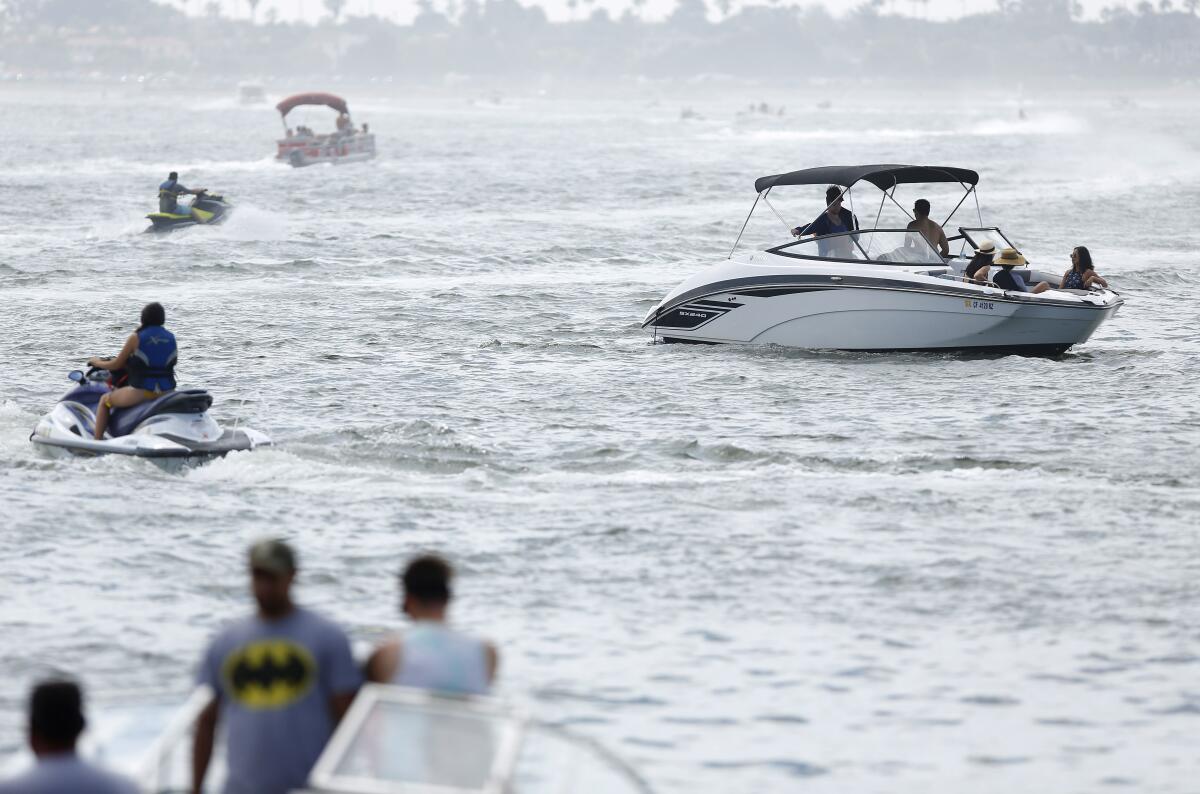 Boaters enjoy Mission Bay near the De Anza Boat Launch during a crowded Labor Day weekend on Sunday, Sept. 1, 2019.