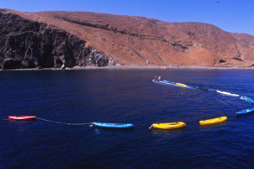 A string of kayaks approaches Scorpion Anchorage on Santa Cruz Island, busiest of the islands in Channel Islands National Park.