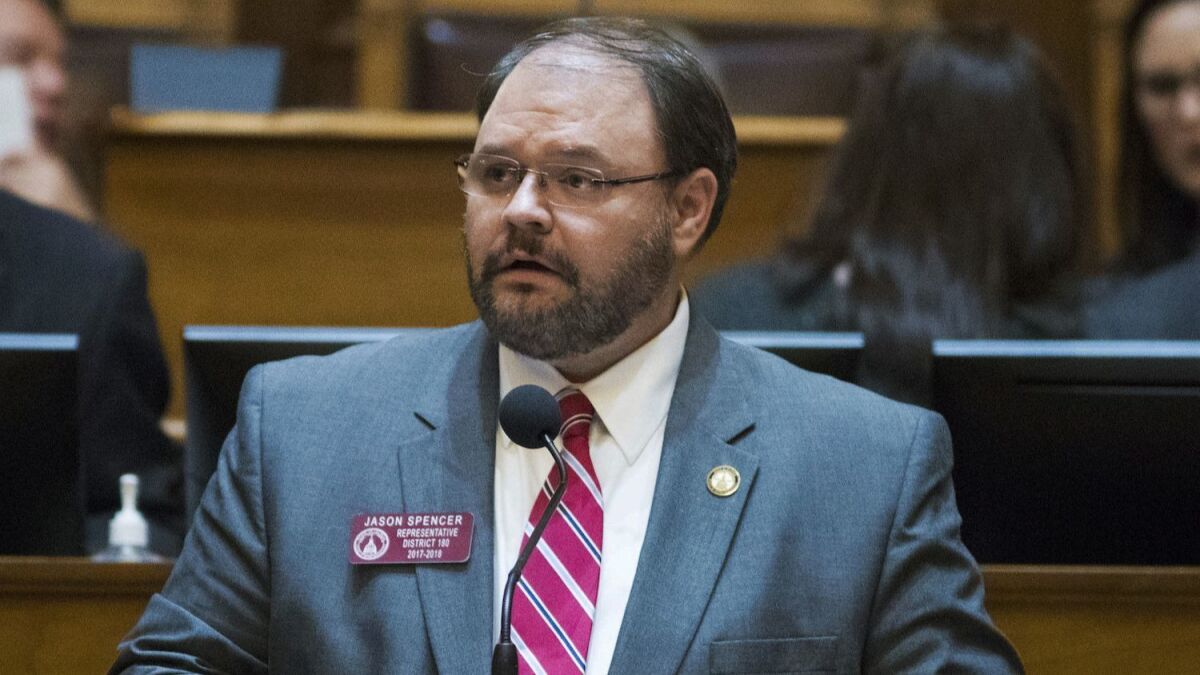 Rep. Jason Spencer in the House chambers at the Georgia Capitol in Atlanta in February.