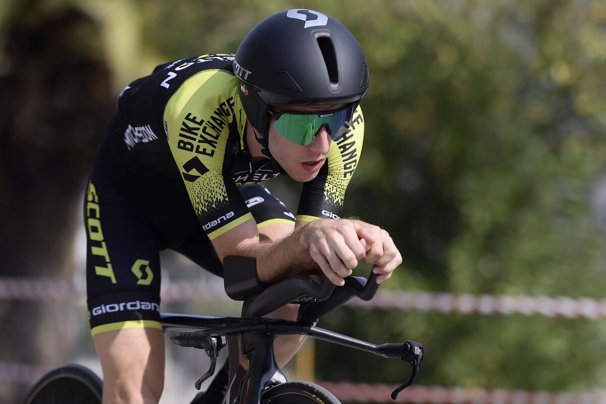 Britain's Simon Yates pedals during the last stage of the Tirreno Adriatico cycling race, an individual time trial in San Benedetto del Tronto, Italy, Monday, Sept. 14, 2020. (Marco Alpozzi/LaPresse via AP)