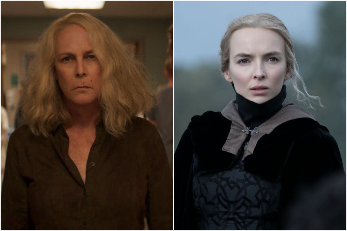 A split image of Jamie Lee Curtis in "Halloween Kills," left, and Jodie Comer in "The Last Duel."