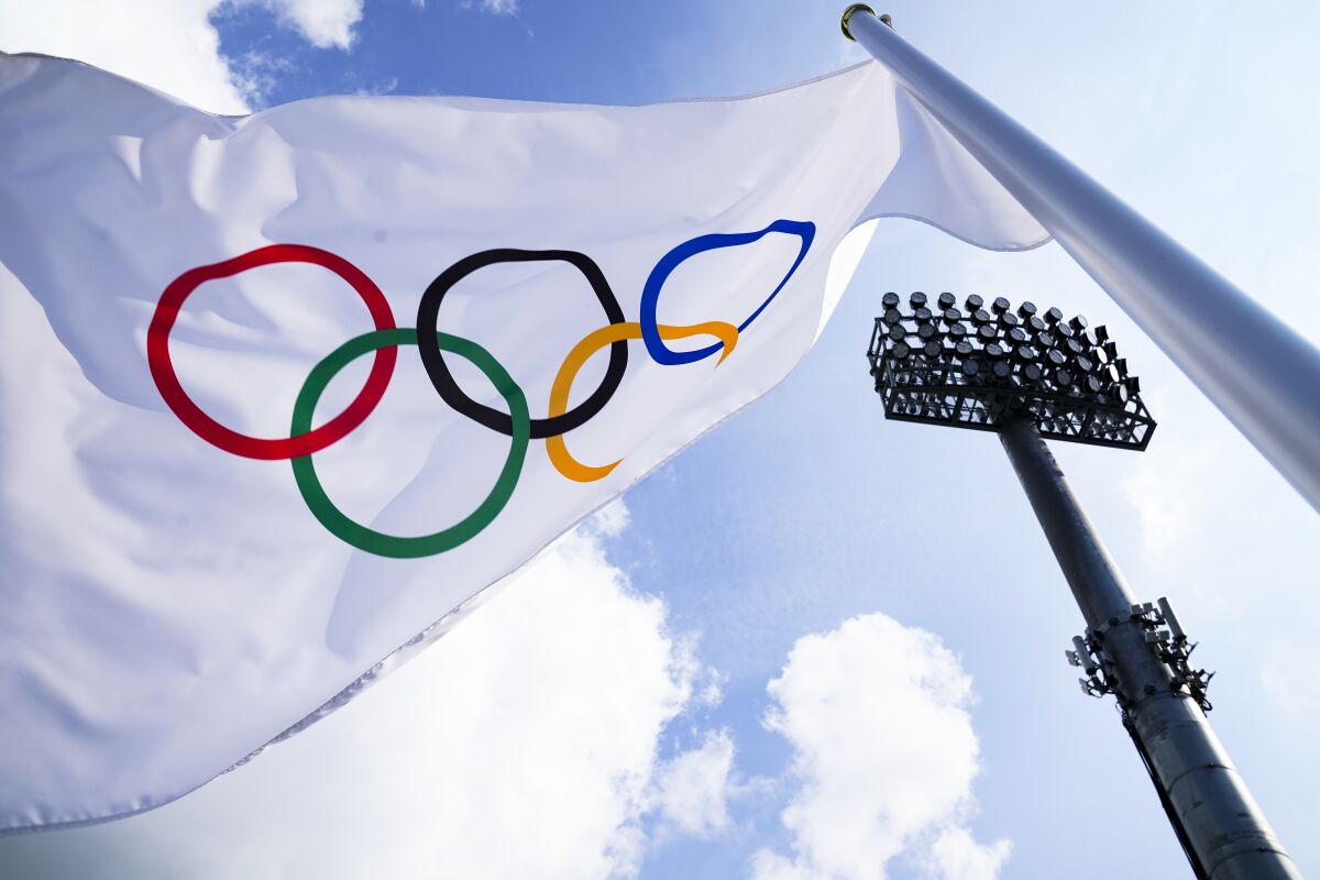 A flag bearing the Olympic Rings on display at the Tokyo Olympic Games in July.