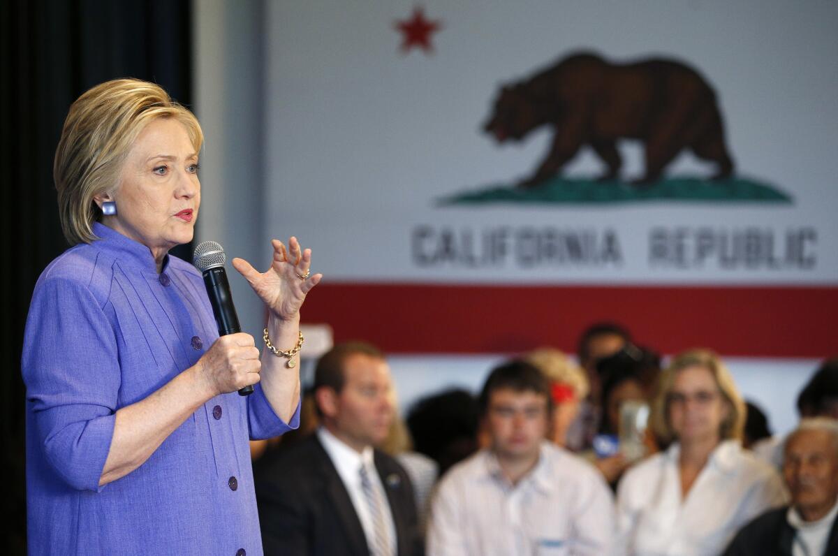 Democratic presidential candidate Hillary Clinton speaks at a rally on June 3 in Westminster, Calif.