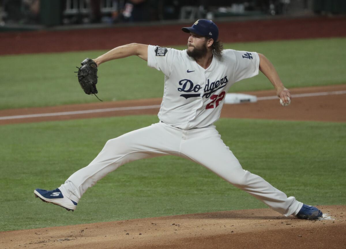 Los Angeles Dodgers starting pitcher Clayton Kershaw delivers pitch