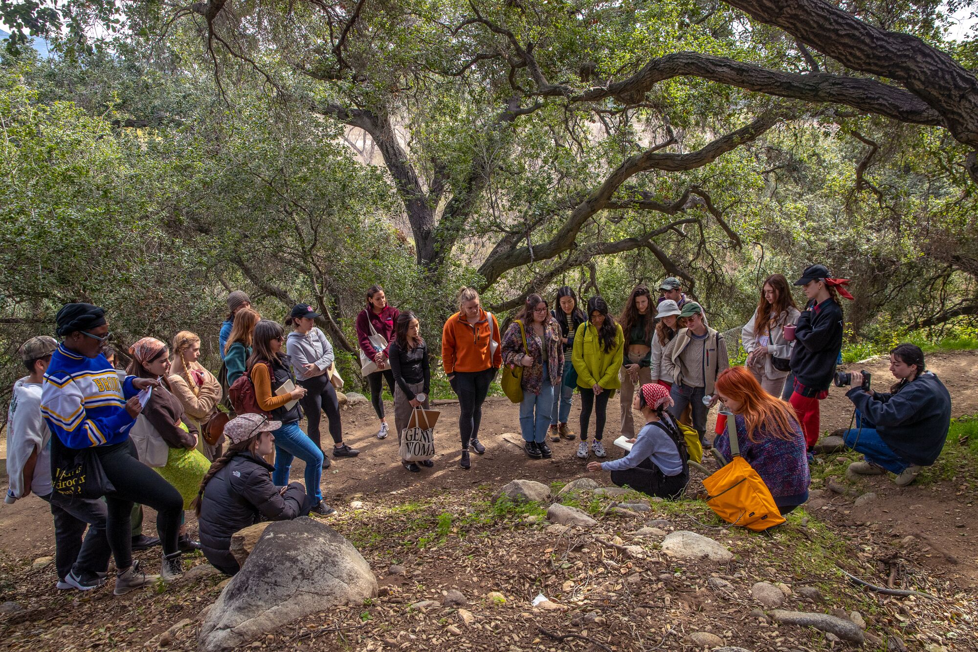 A group of people stand outdoors under trees or sit on the ground