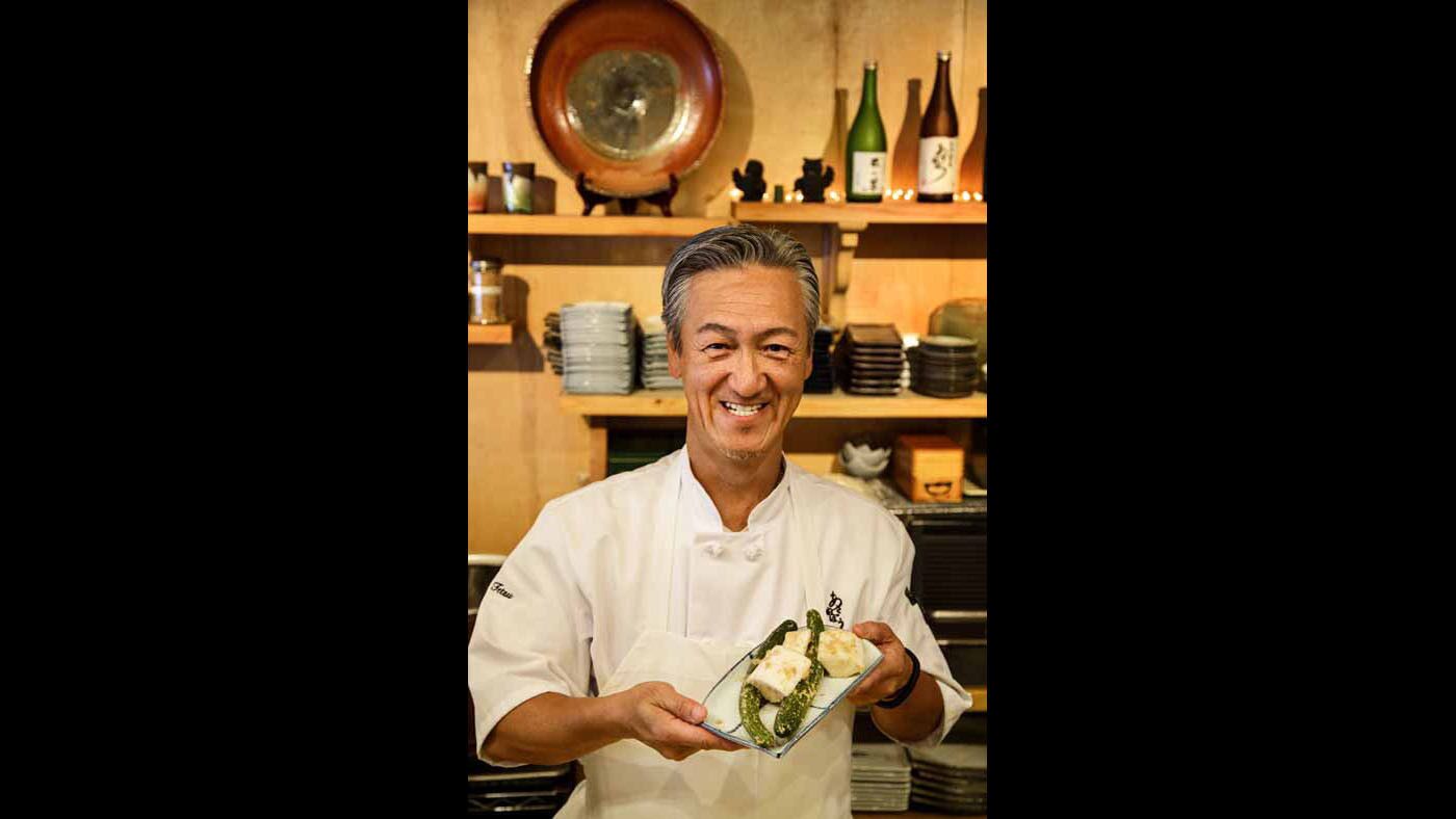 Chef Tetsuya Nakao displays his house-made pickles assortment, "Nukazuke."