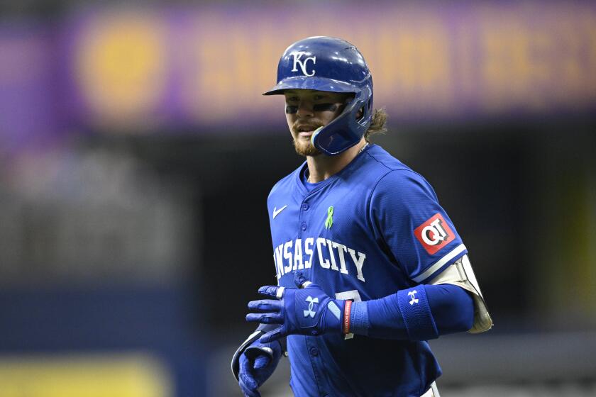 Kansas City Royals shortstop Bobby Witt Jr. (7) jogs back to the dugout after grounding out during the first inning of a baseball game against the Tampa Bay Rays, Saturday, May 25, 2024, in St. Petersburg, Fla. (AP Photo/Phelan M. Ebenhack)