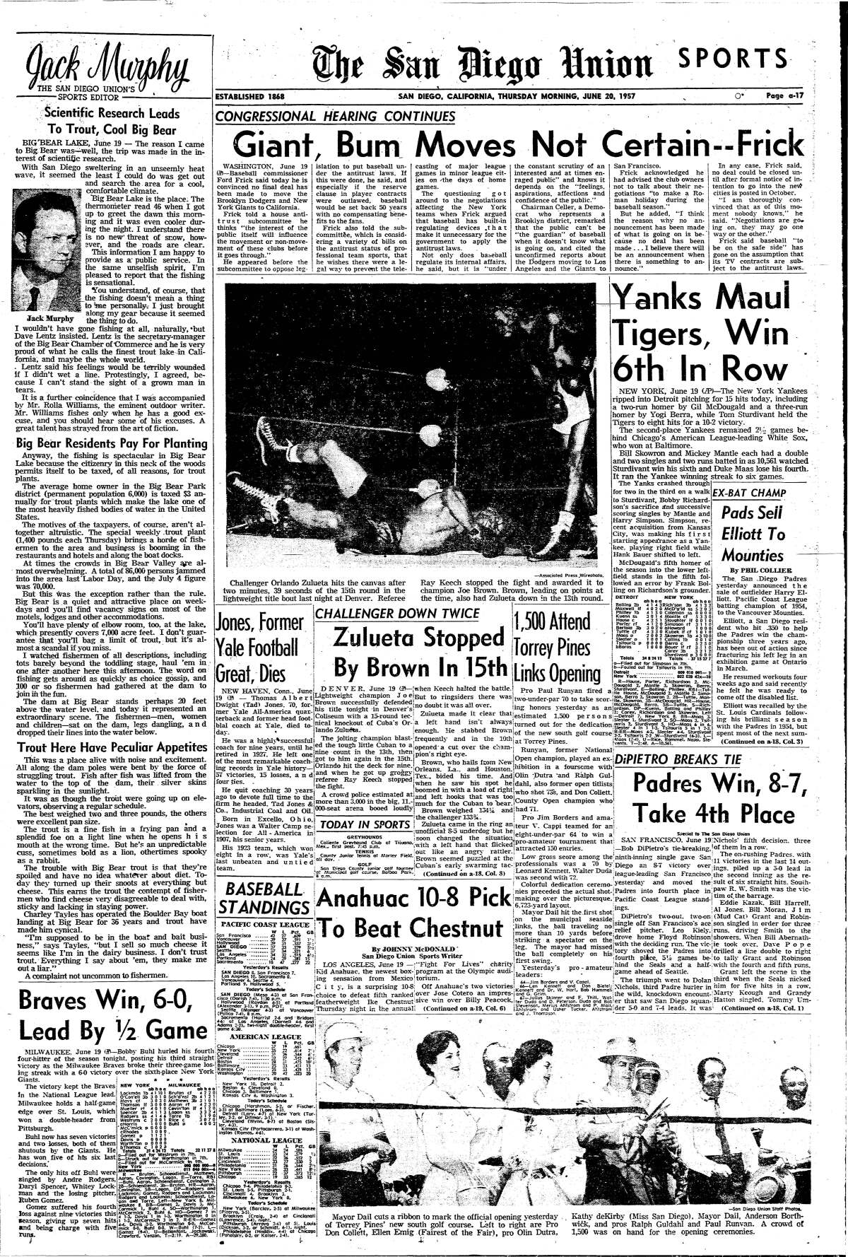 A Sports page from The San Diego Union-Tribune on June 20, 1957 