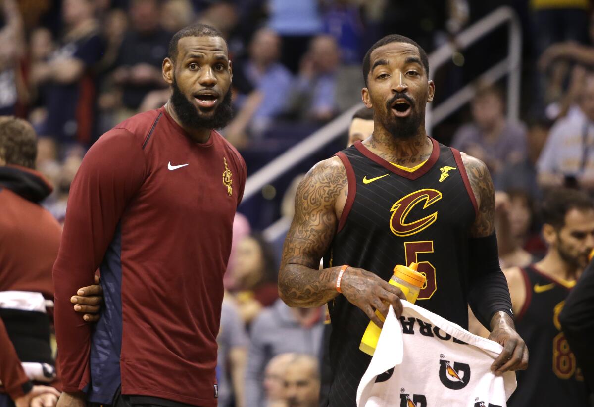 LeBron James, left, and JR Smith won a title together while playing with the Cleveland Cavaliers in 2016.