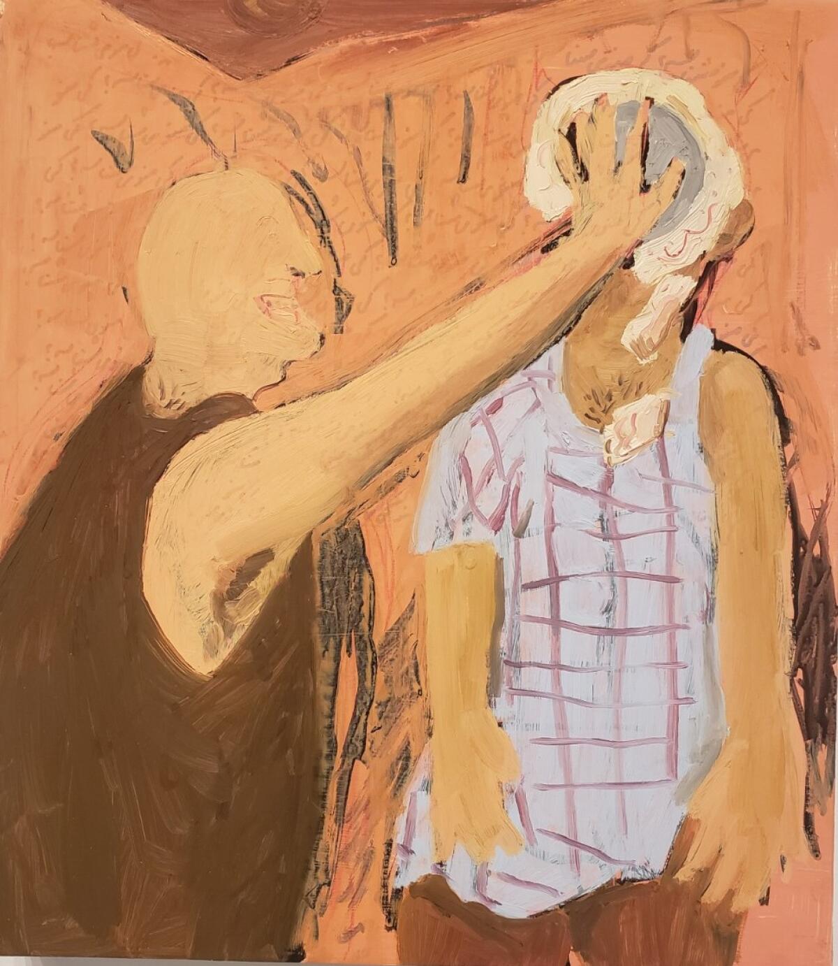 A painting of a man smushing a cake in another man's face.