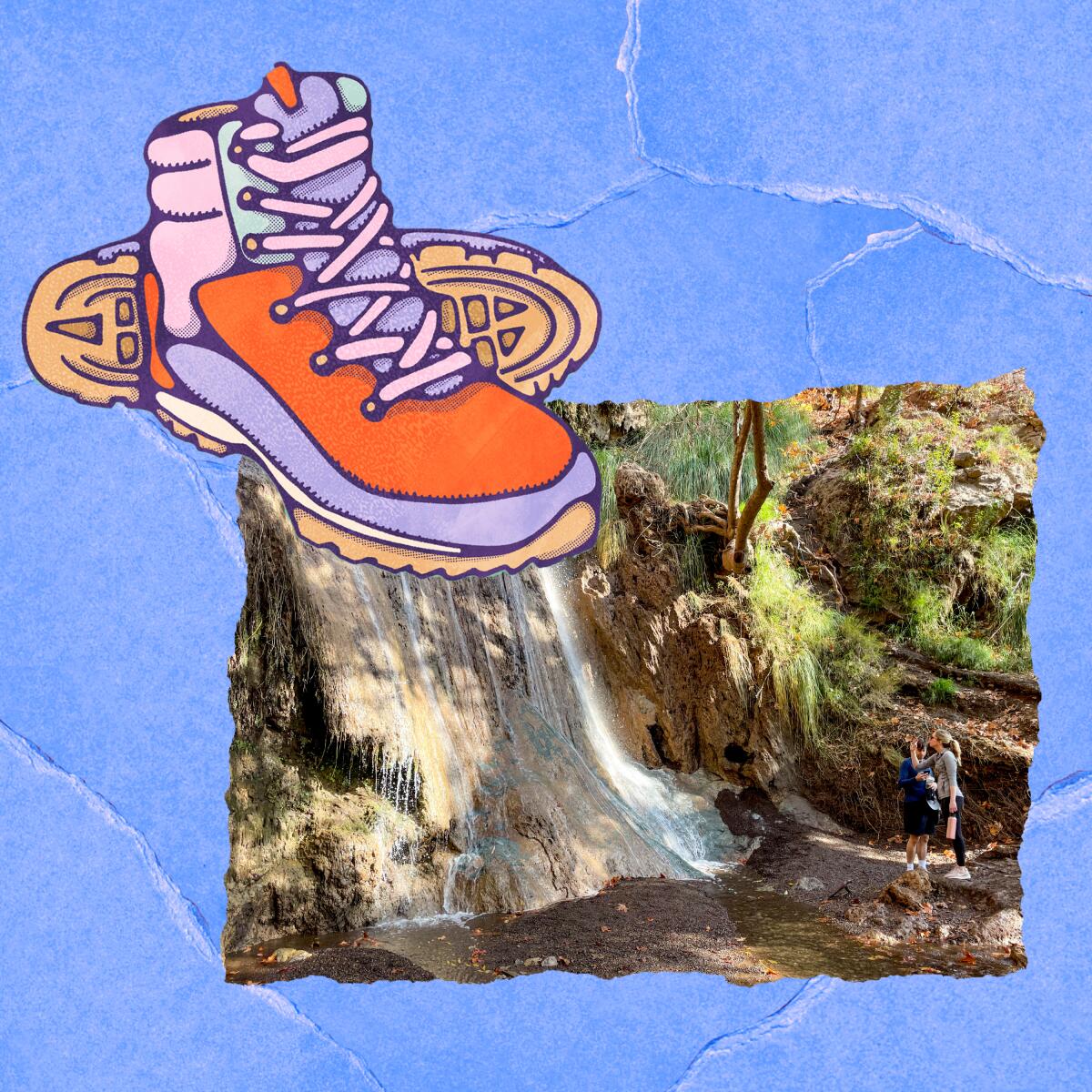 A boots illustration on top of a photo of a waterfall.