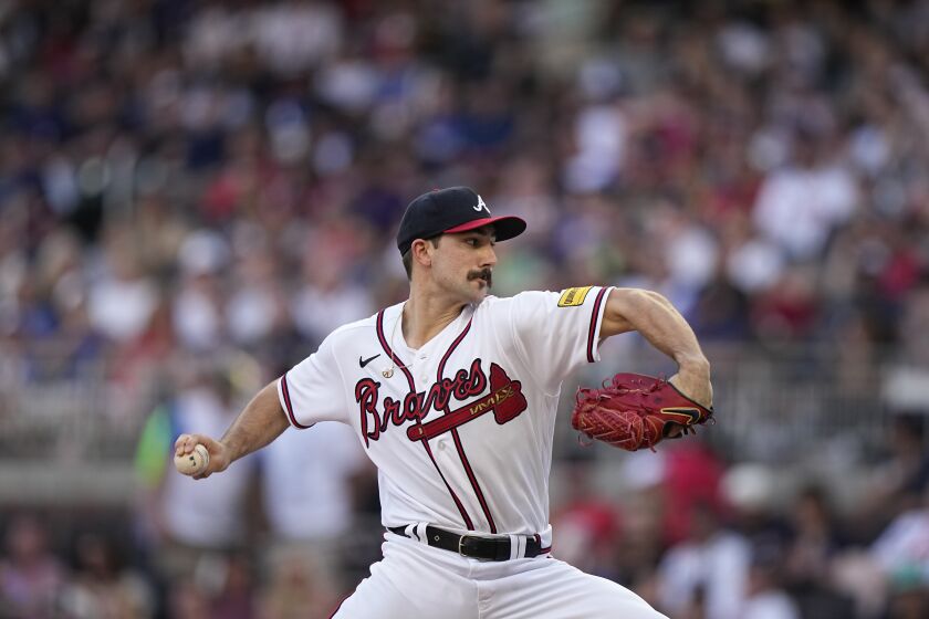 Atlanta Braves starting pitcher Spencer Strider delivers in the first inning of a baseball game against the Philadelphia Phillies, Sunday, May 28, 2023, in Atlanta. (AP Photo/Brynn Anderson)