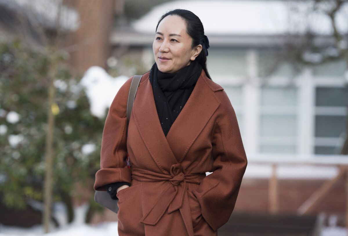 Huawei Chief Financial Officer Meng Wanzhou shown on Jan. 17, 2020, outside her home in Vancouver, Canada.