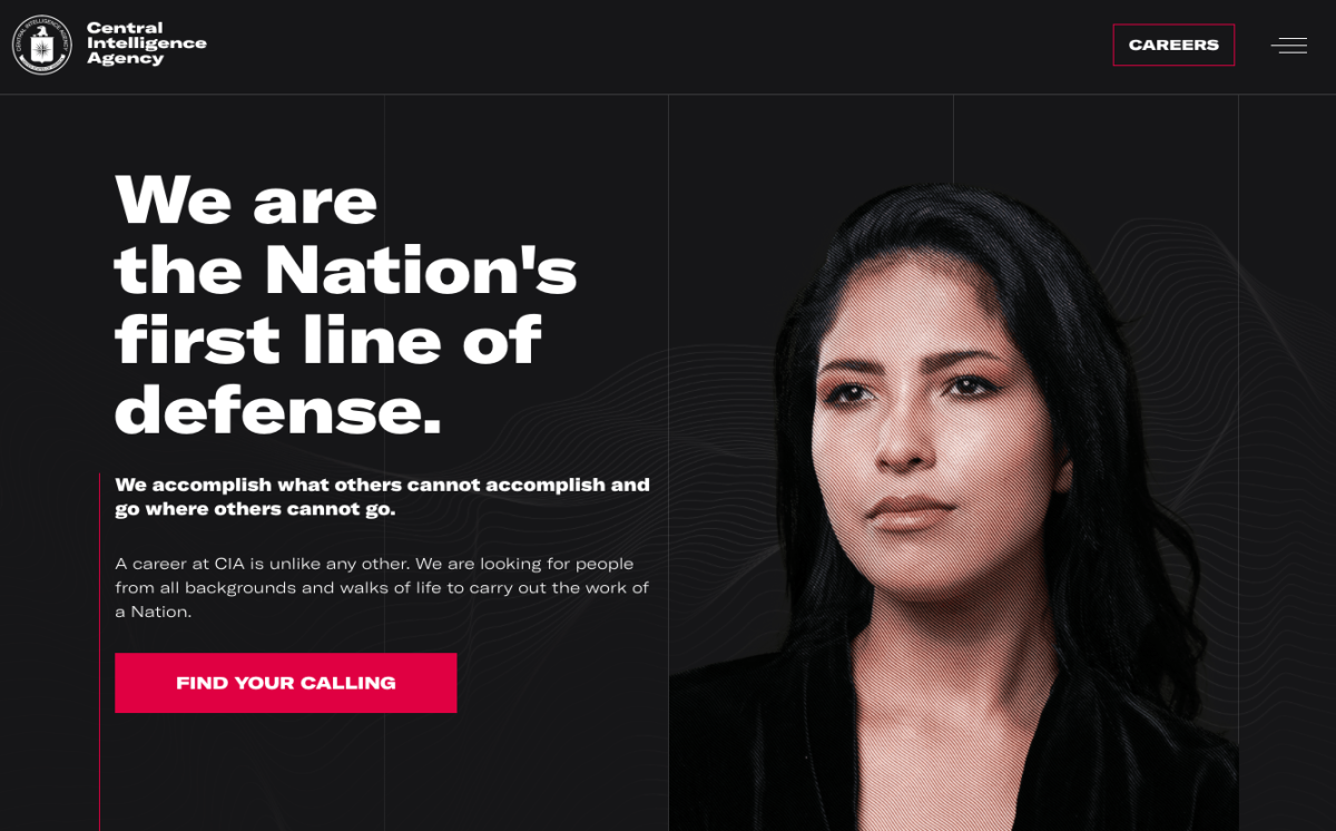 The CIA's homepage shows a woman against a black background and the phrase, "We are the nation's first line of defense."
