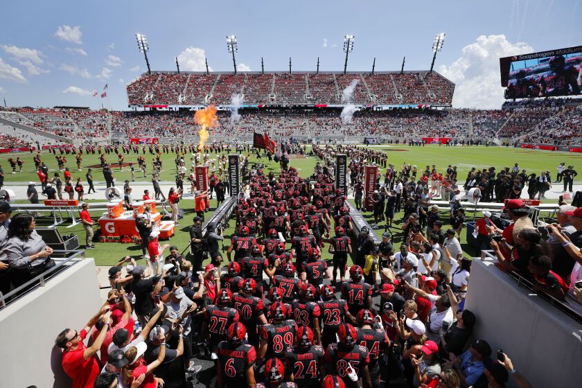 San Diego State takes the field against Arizona at Snapdragon Stadium on September 3, 2022 in San Diego, CA.