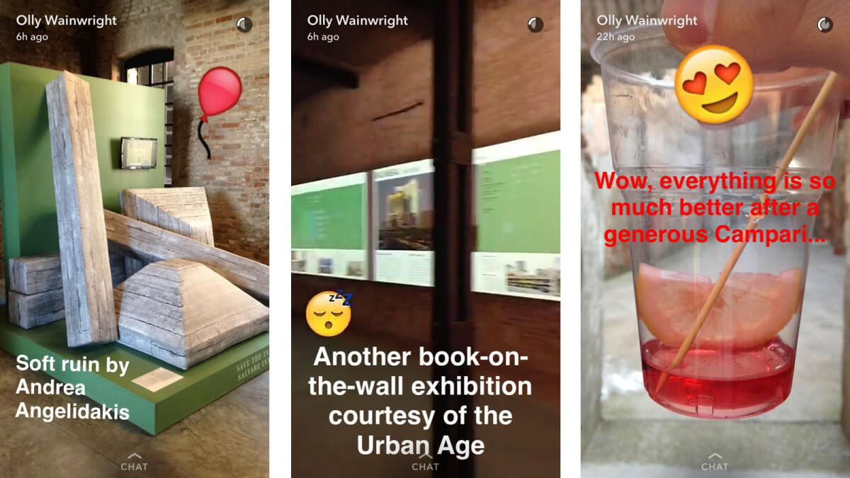 Oliver Wainwright's Snapchats chronicling the Venice Architecture Biennale.