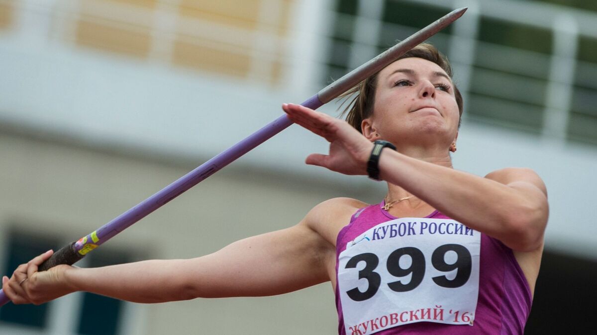 Russian javelin thrower Vera Rebrik competes in Zhukovsky on July 20.