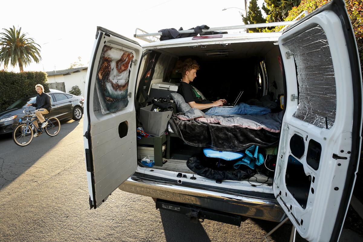 UCSB student Kris Hotchkiss lives in a van borrowed from a close friend. 